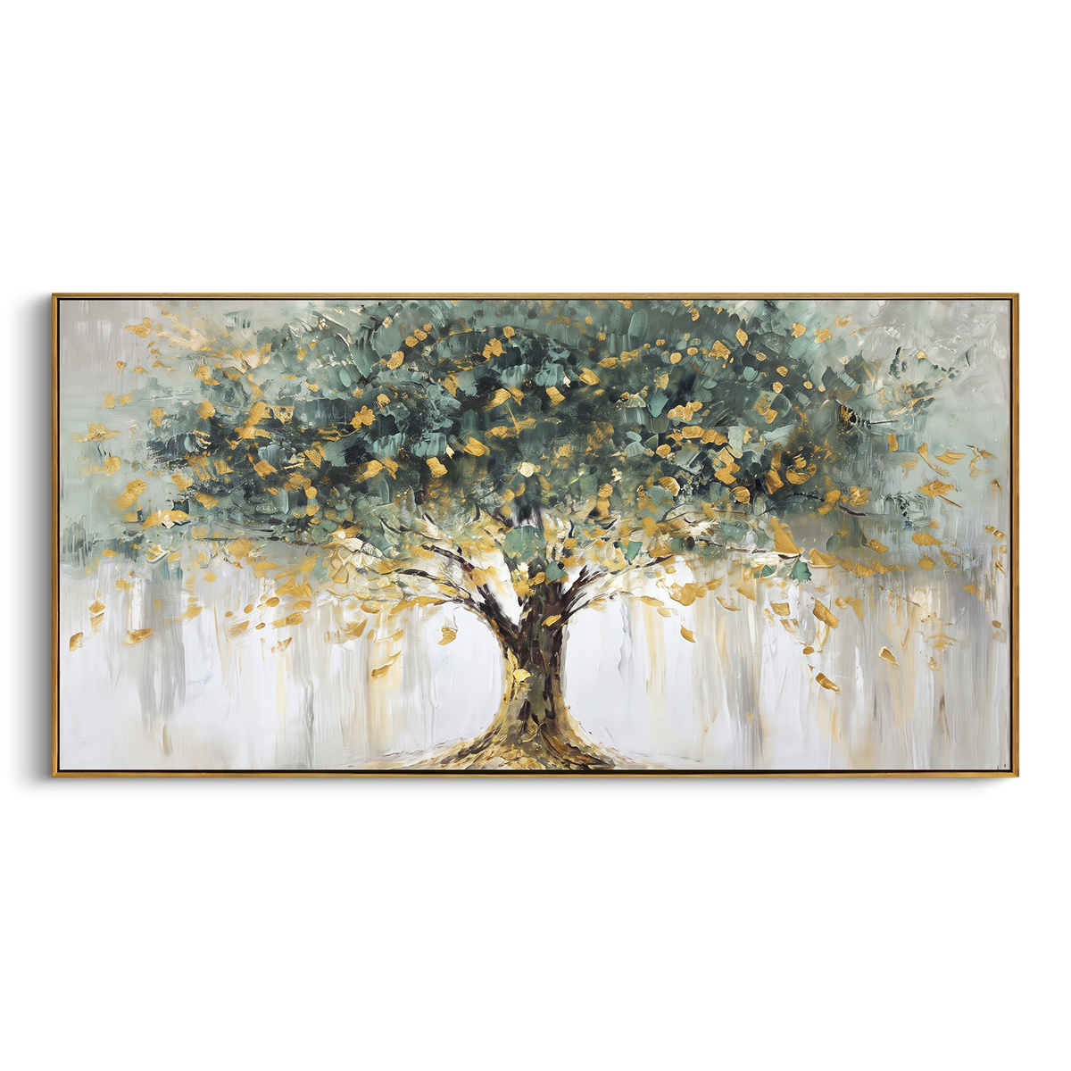 Golden Leaves Hold Still wide panoramic painting in a wood frame on a white background