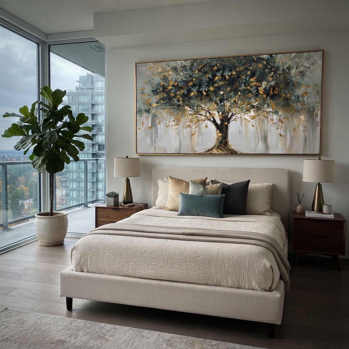 Golden Leaves Hold Still wall art shown above contemporary furnishings