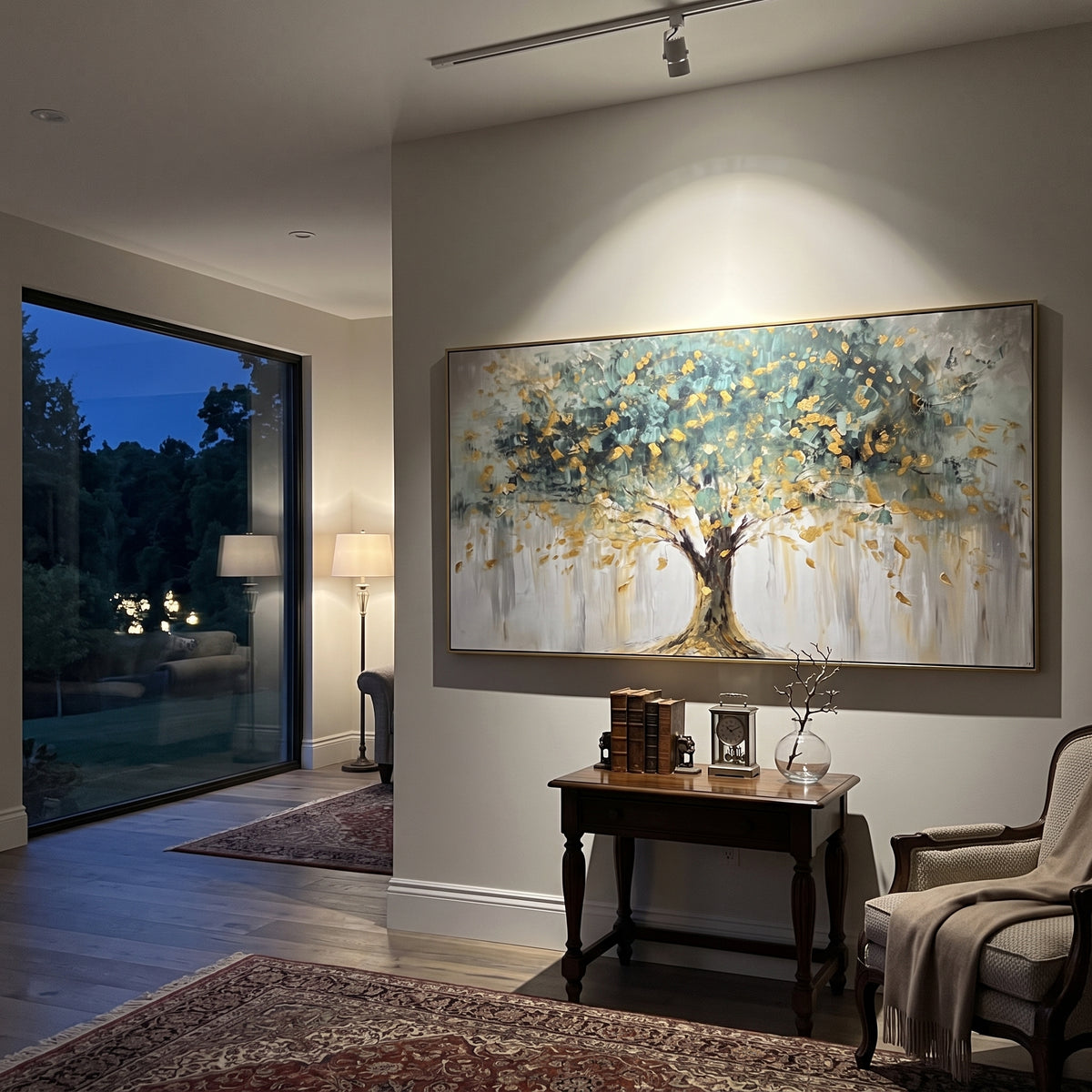 Golden Leaves Hold Still artwork styled as a refined interior focal point