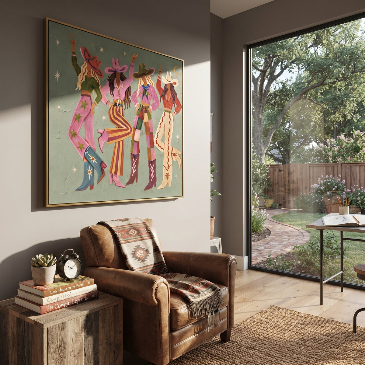 Cowgirls Gather Under Stars colorful western cowgirl group painting displayed in a styled interior