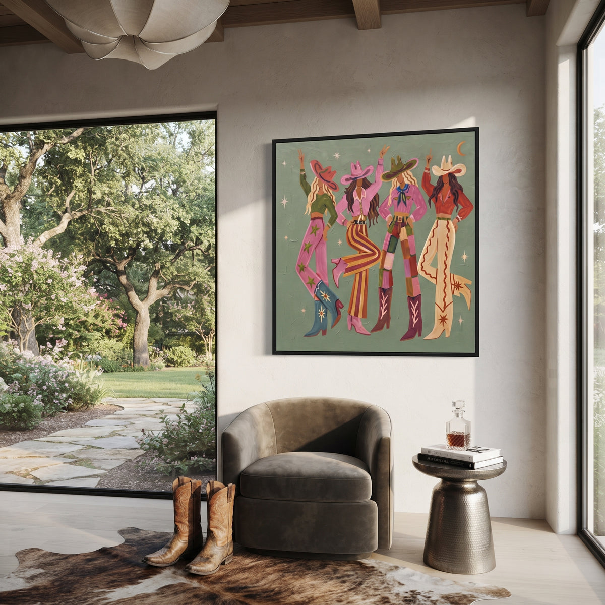 Cowgirls Gather Under Stars wall art shown above contemporary furnishings