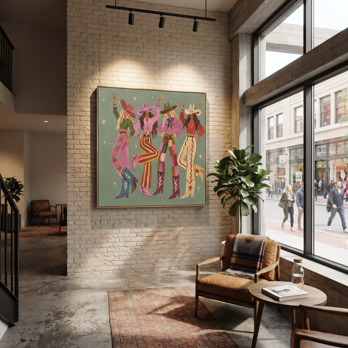 Cowgirls Gather Under Stars painting presented in an alternate room setting