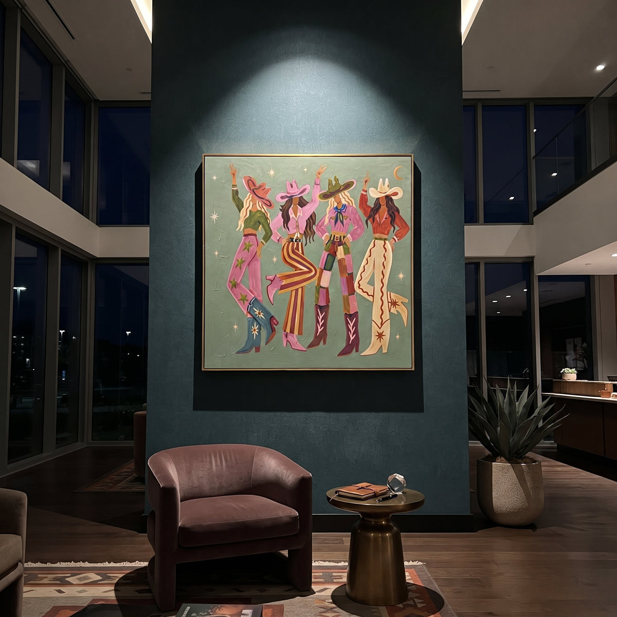Cowgirls Gather Under Stars artwork styled as a refined interior focal point