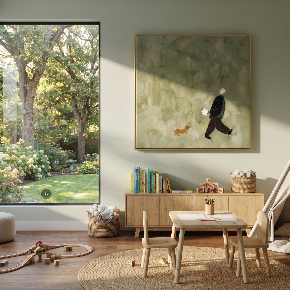 Small Dog Follows Home minimalist man and dog painting displayed in a styled interior