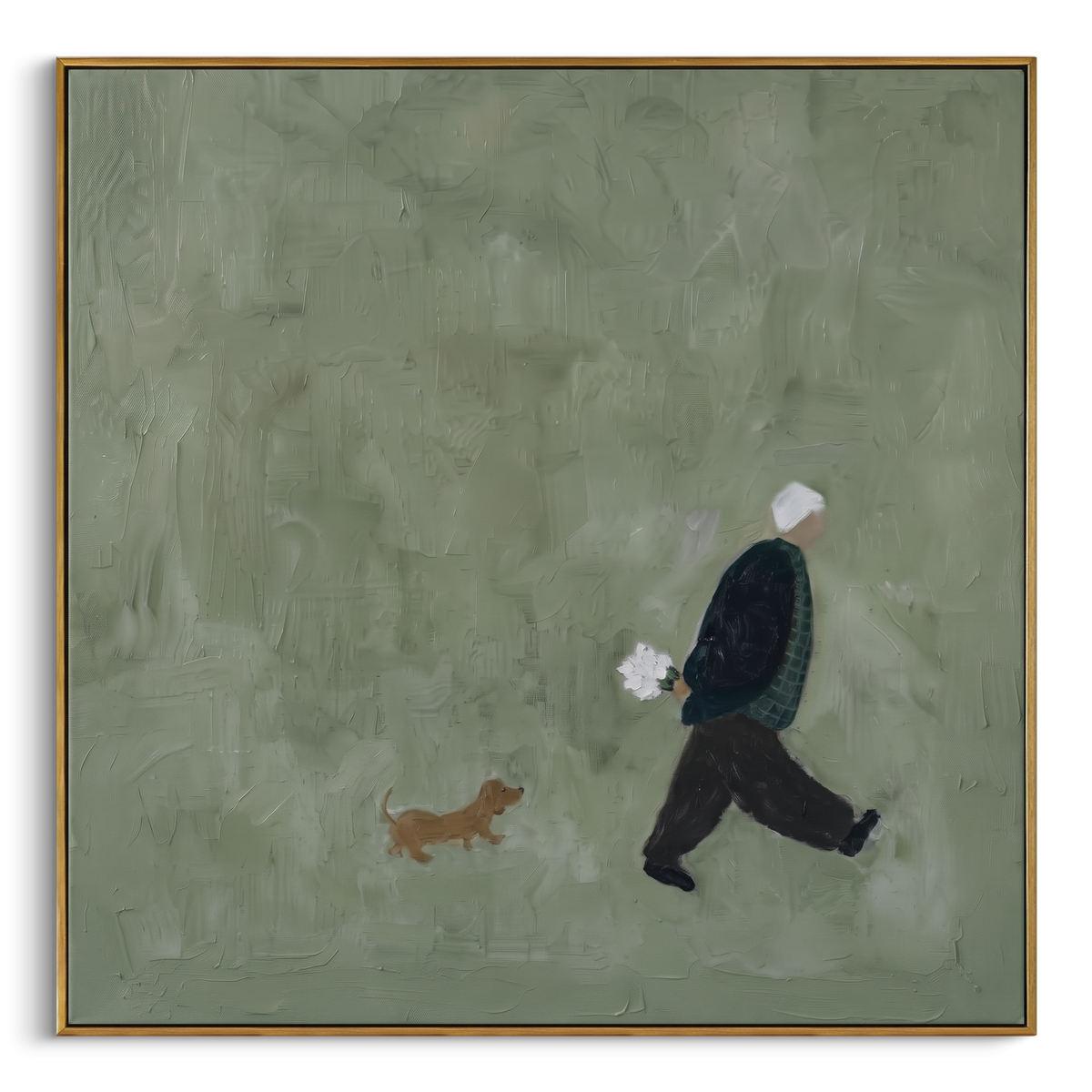 Small Dog Follows Home square painting in a wood frame on a white background