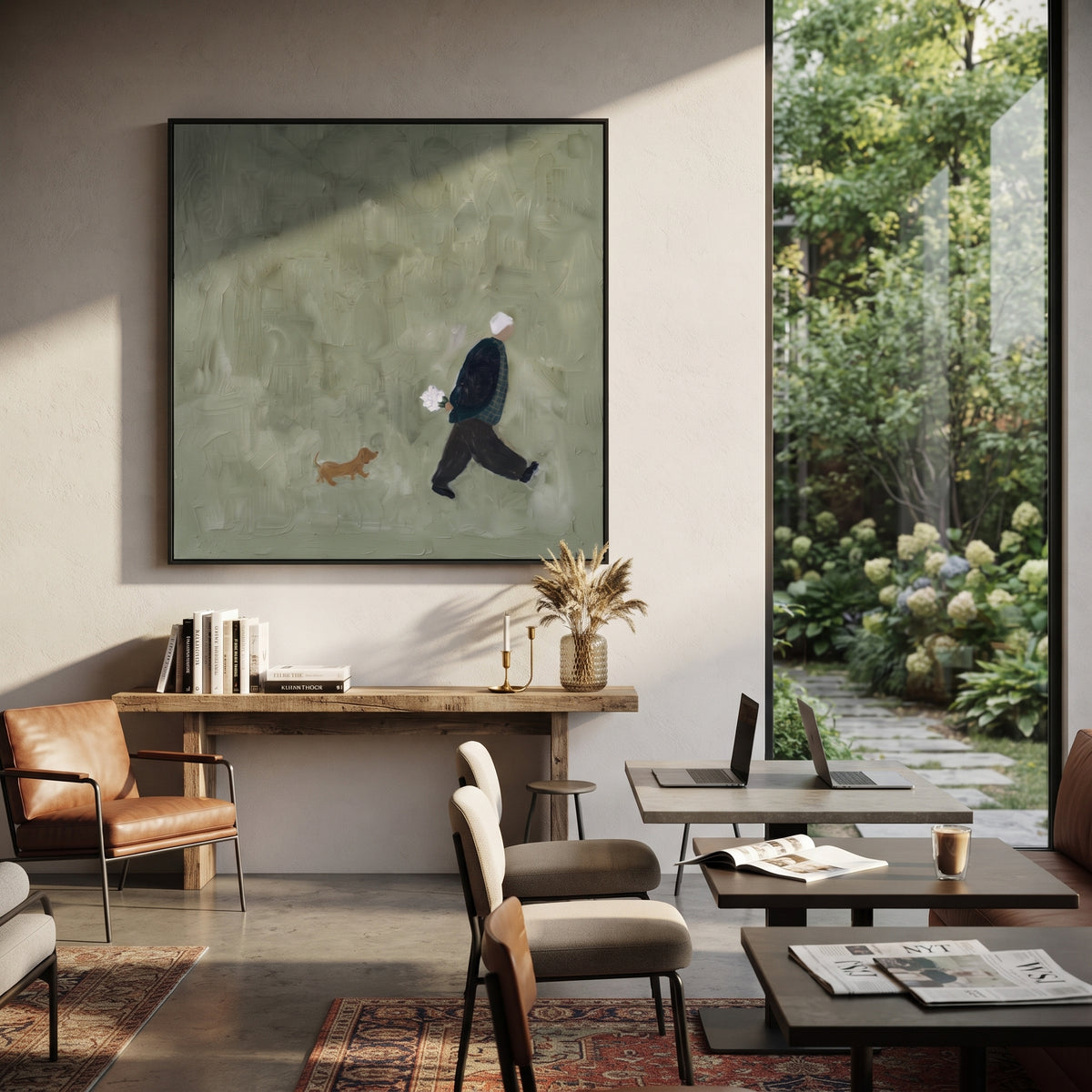Small Dog Follows Home wall art shown above contemporary furnishings