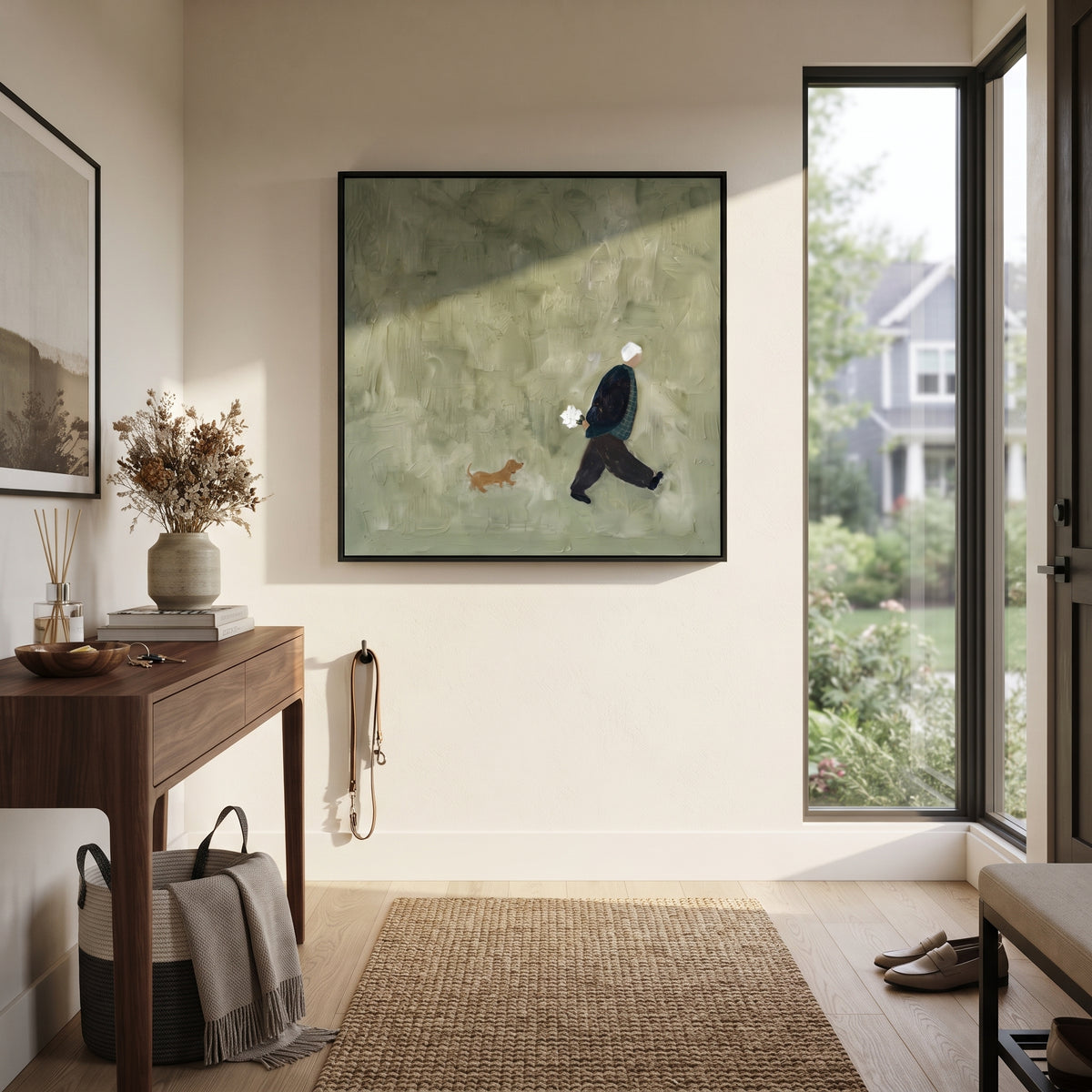 Small Dog Follows Home painting presented in an alternate room setting