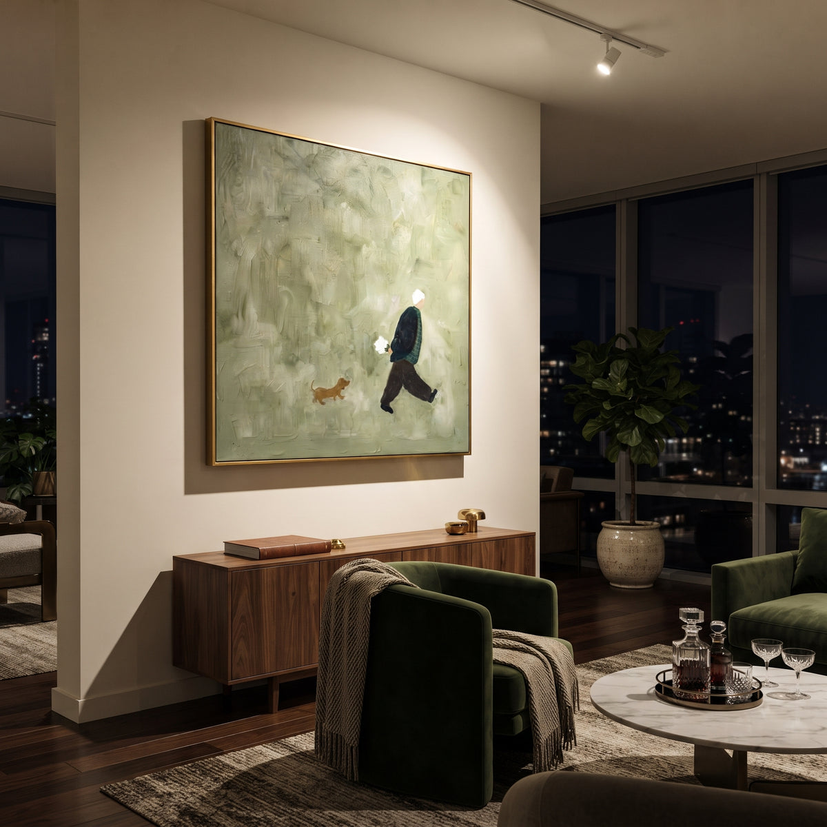 Small Dog Follows Home artwork styled as a refined interior focal point
