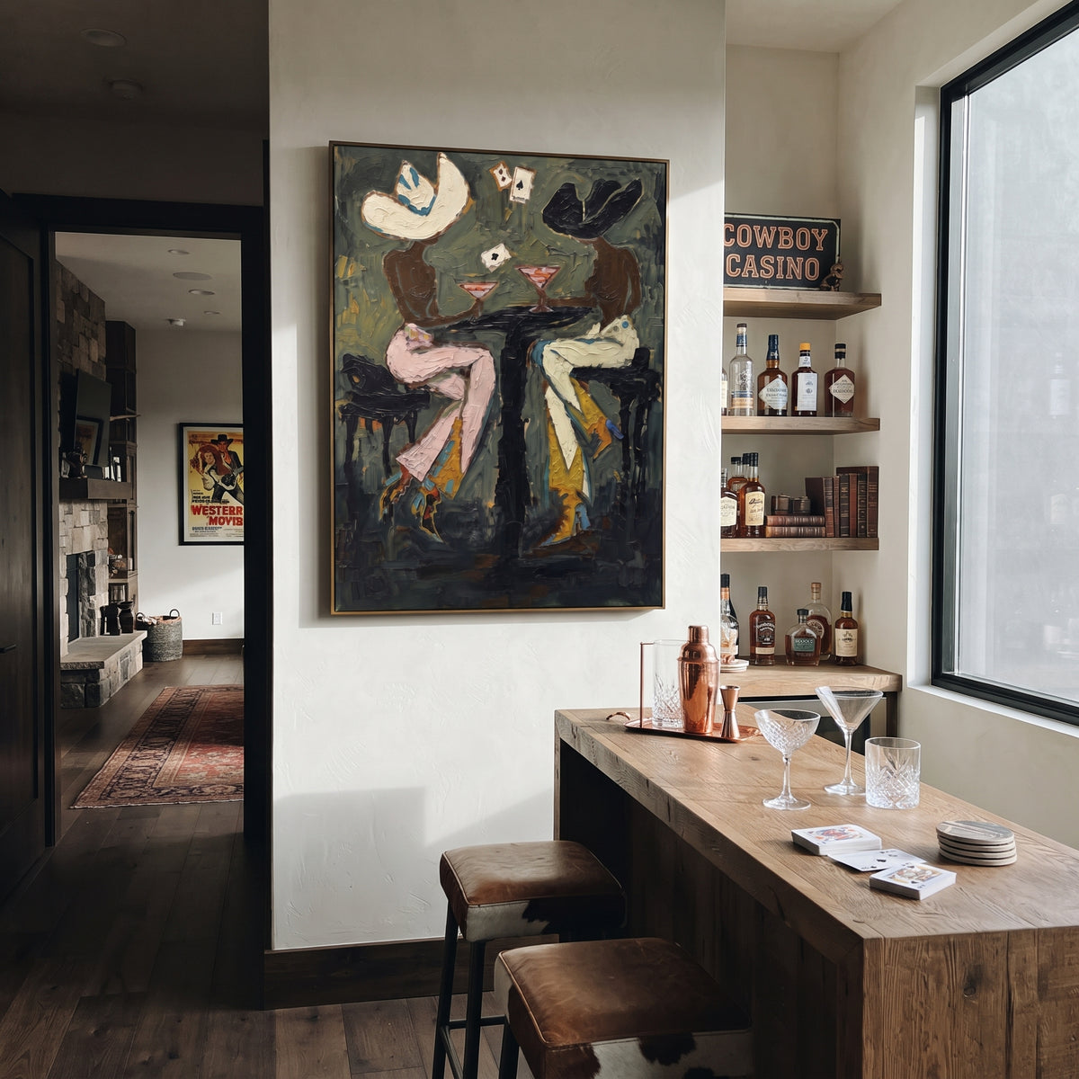 Evening Table Keeps Secrets abstract women at table painting displayed in a styled interior