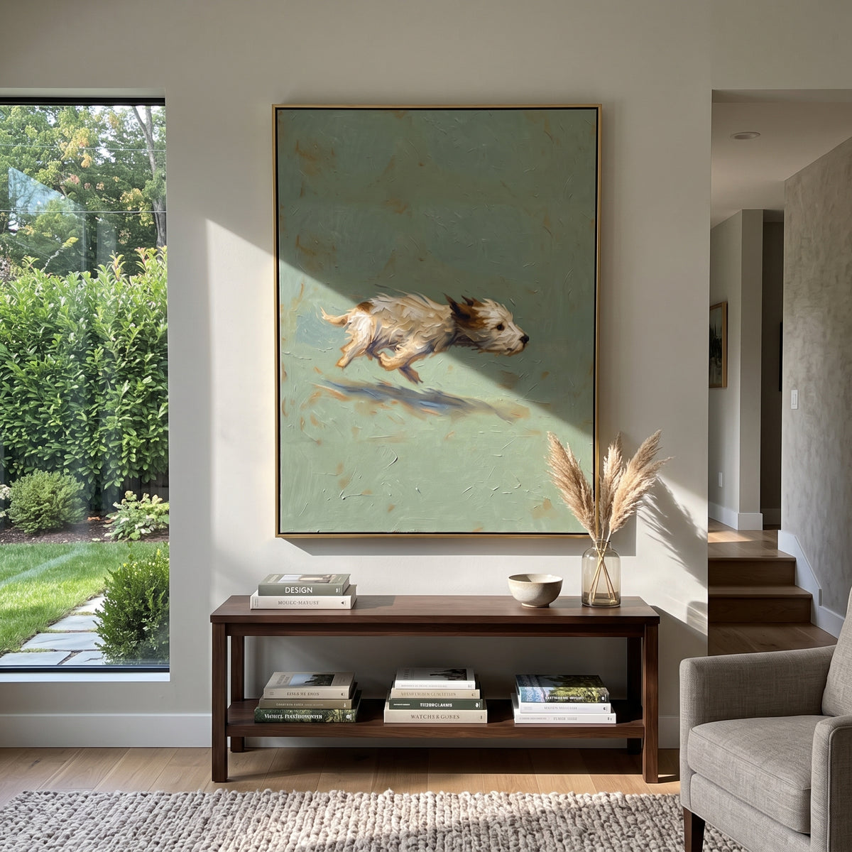 White Bison Runs Free running white bison painting displayed in a styled interior
