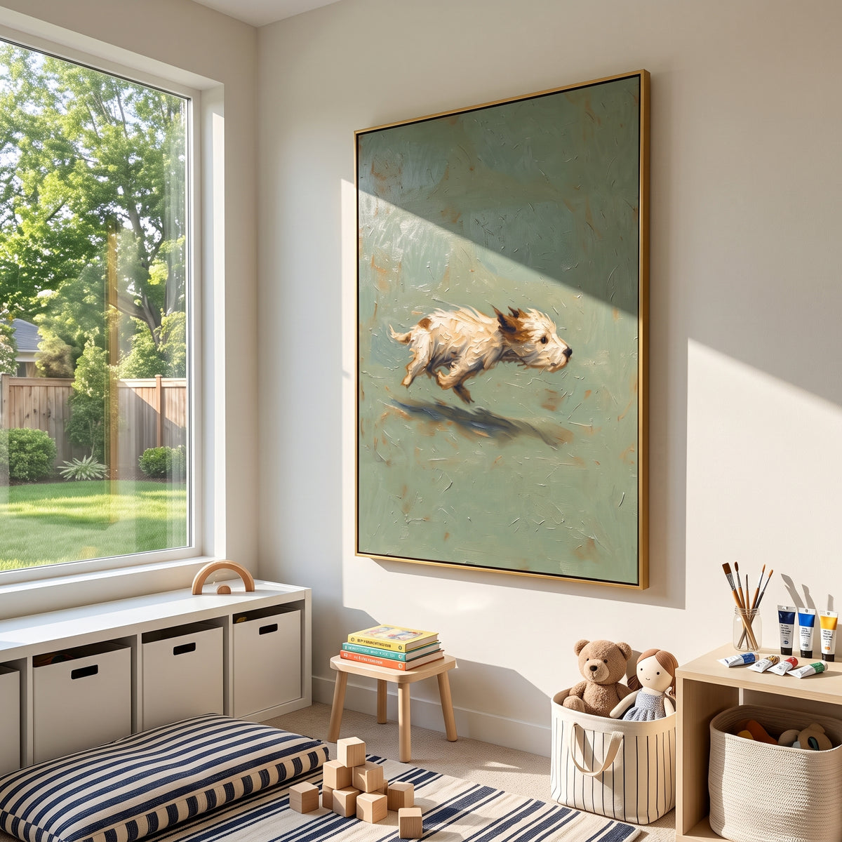White Bison Runs Free wall art shown above contemporary furnishings