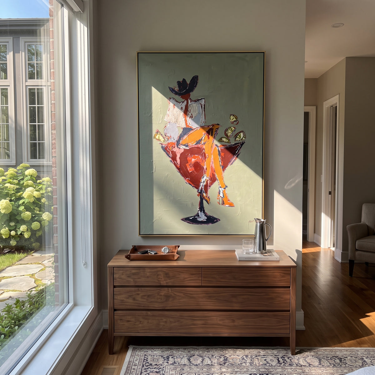 Cocktail Muse in Sage surreal woman cocktail painting displayed in a styled interior