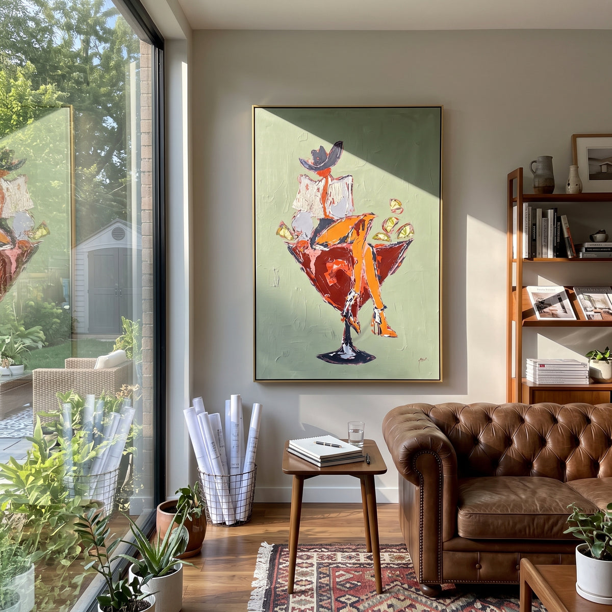 Cocktail Muse in Sage painting presented in an alternate room setting