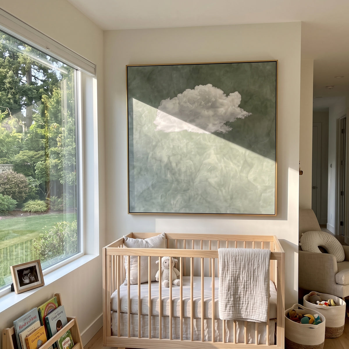 Cloud Waits Over Sage minimalist white cloud painting displayed in a styled interior