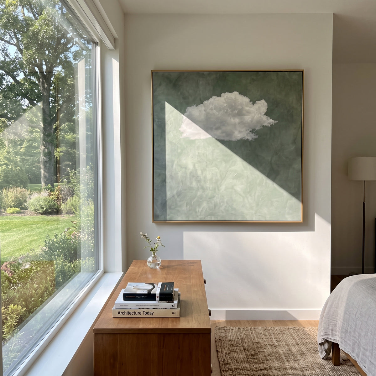 Cloud Waits Over Sage wall art shown above contemporary furnishings