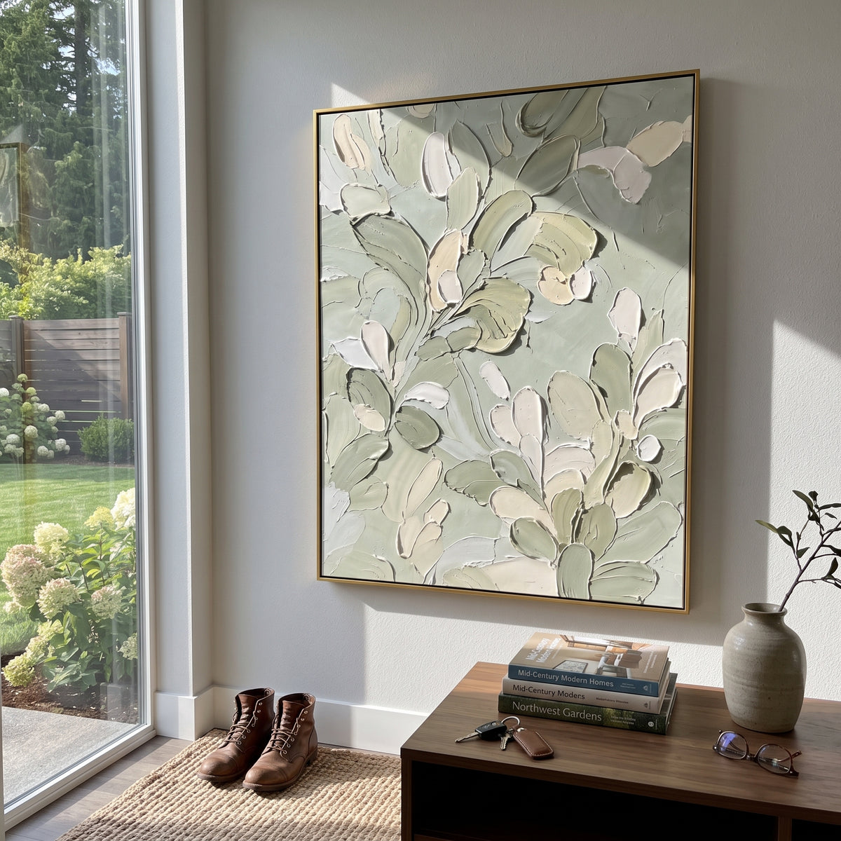 Sage Petals Press Together sage ivory botanical texture painting displayed in a styled interior
