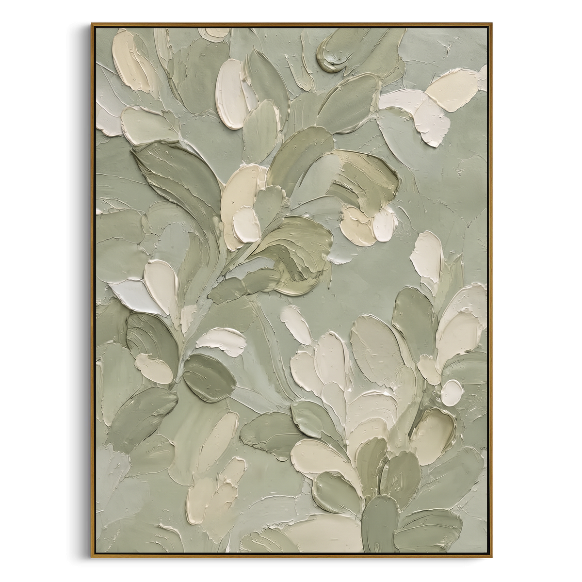 Sage Petals Press Together vertical painting in a wood frame on a white background