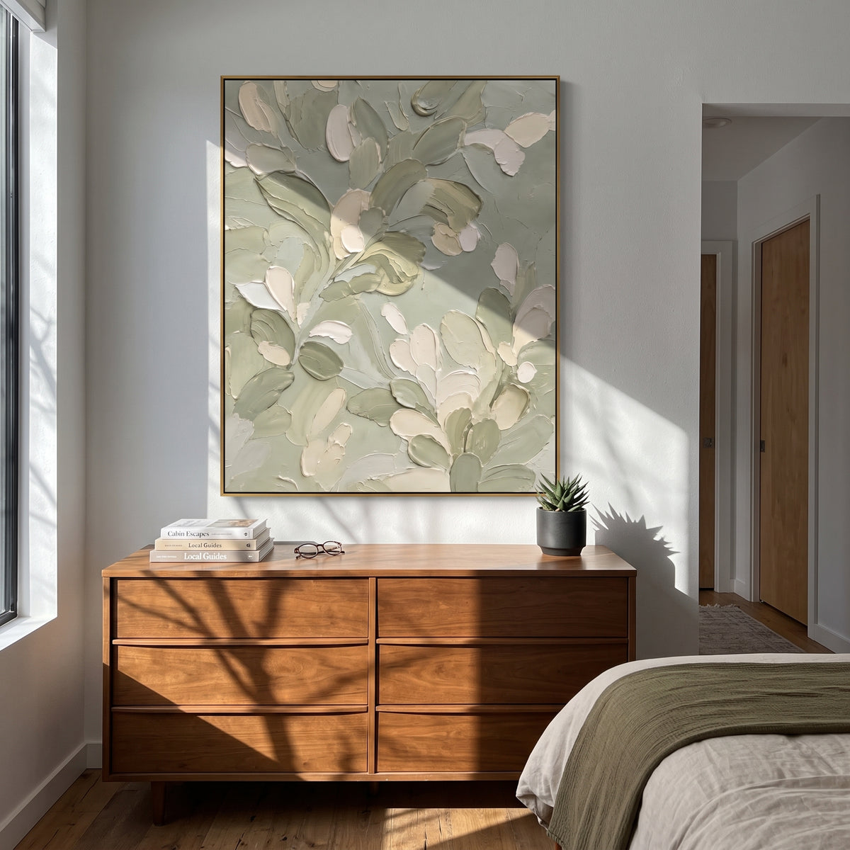 Sage Petals Press Together wall art shown above contemporary furnishings