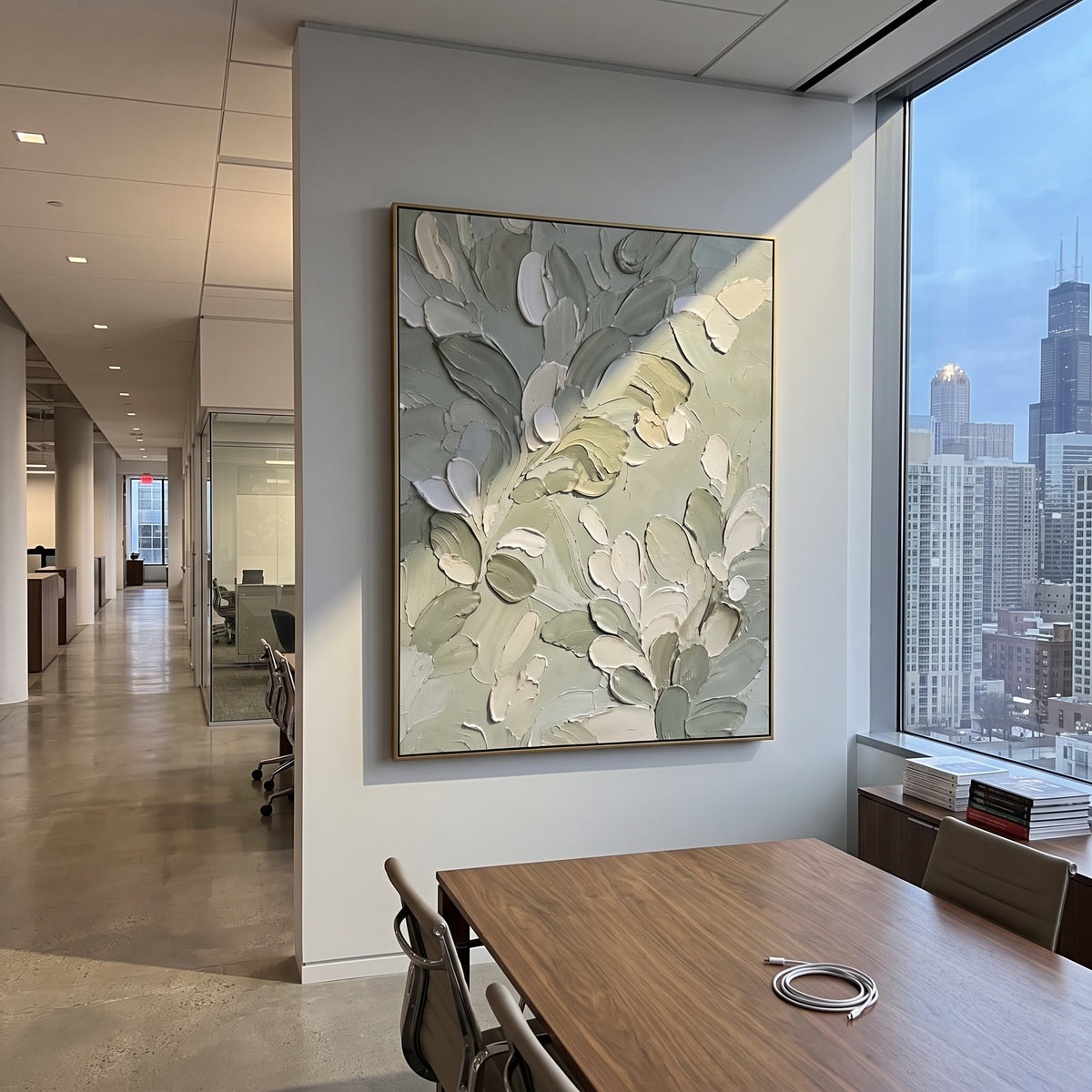 Sage Petals Press Together painting presented in an alternate room setting