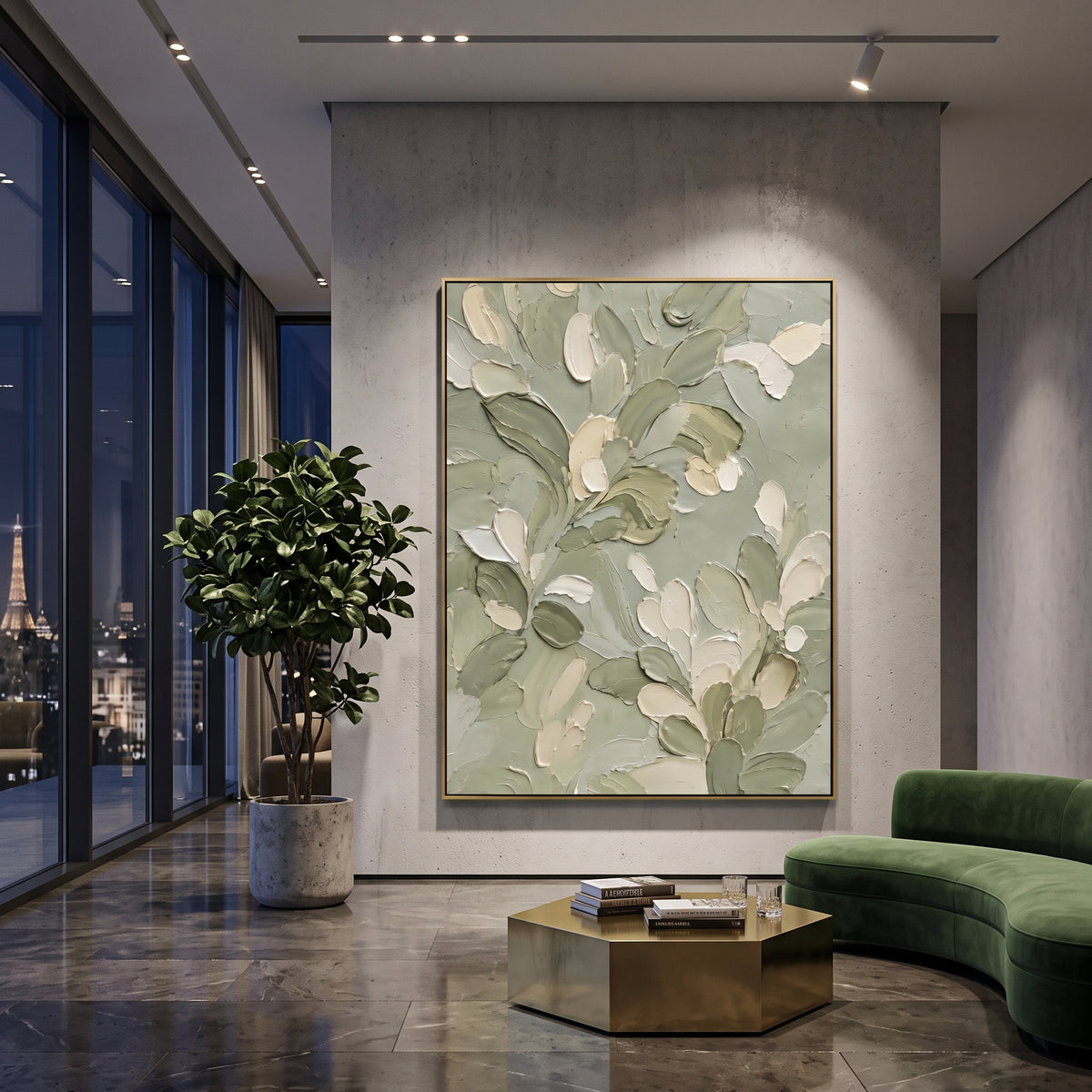 Sage Petals Press Together artwork styled as a refined interior focal point