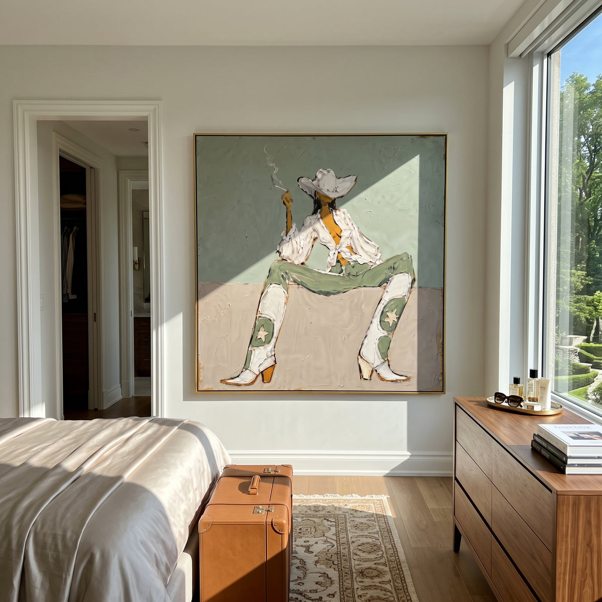 Cowgirl Takes Five seated western cowgirl painting displayed in a styled interior