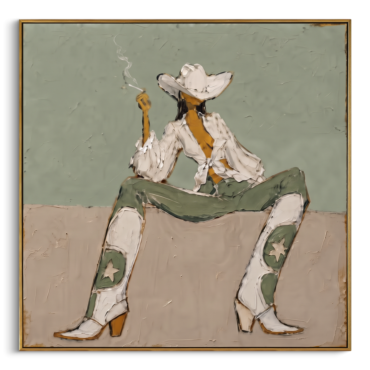 Cowgirl Takes Five square painting in a wood frame on a white background