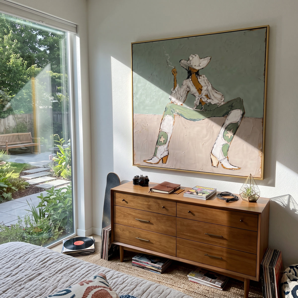 Cowgirl Takes Five wall art shown above contemporary furnishings