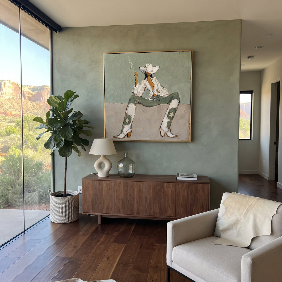 Cowgirl Takes Five painting presented in an alternate room setting