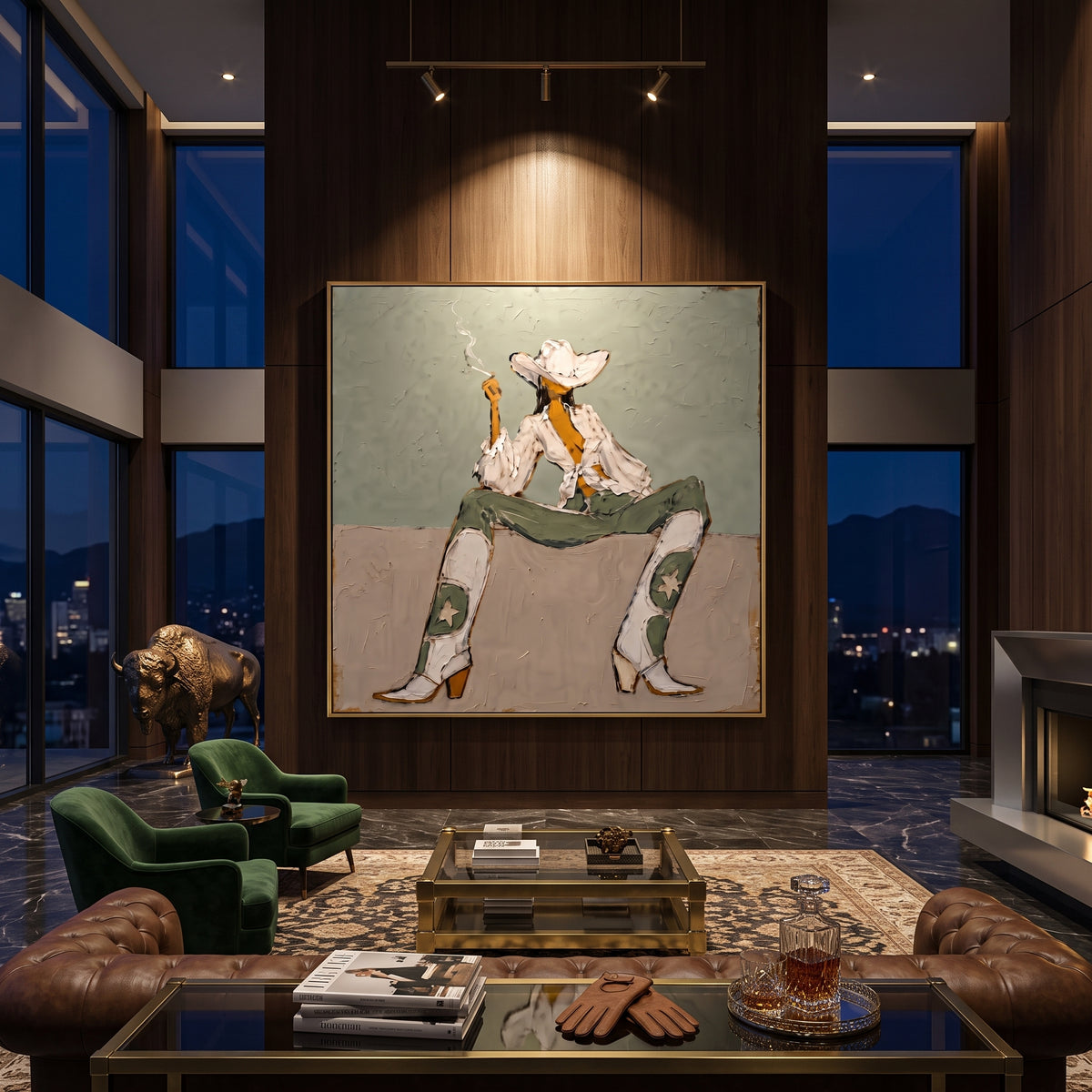 Cowgirl Takes Five artwork styled as a refined interior focal point