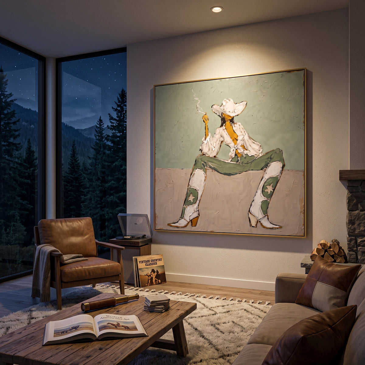 Cowgirl Takes Five displayed with natural materials and quiet decor