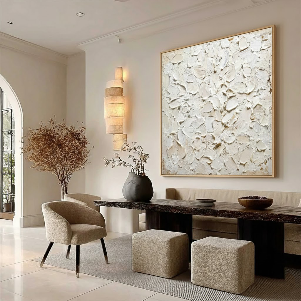 Oatmeal Cloud – Hand-Painted Neutral Beige All-Over 3D Impasto Palette Knife Texture Painting | Modern Abstract Living Room & Office Art
