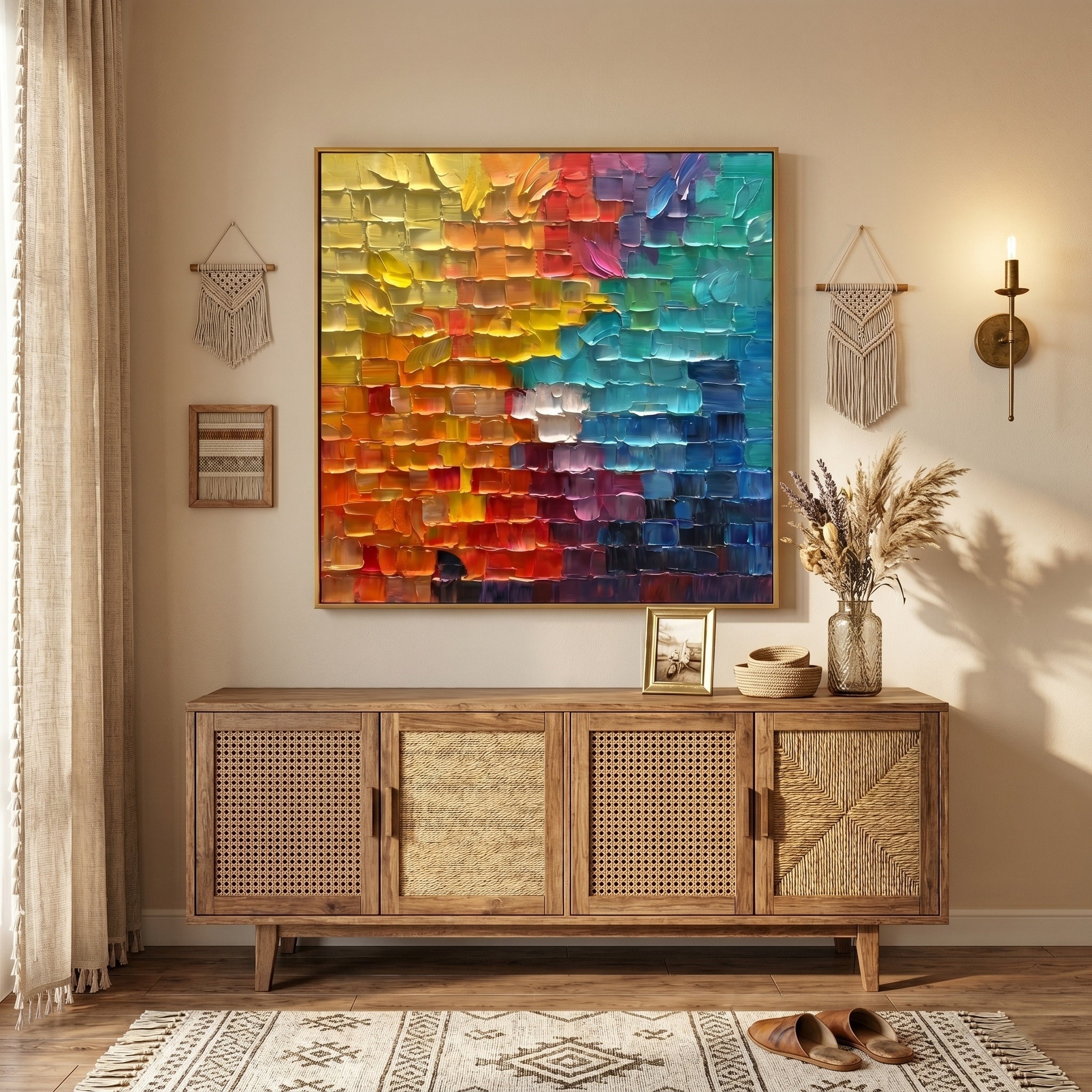 Chroma Grid – Modern Impasto Pixelated Abstract Oil Painting | Creative 3D Textured Mosaic Hallway Art