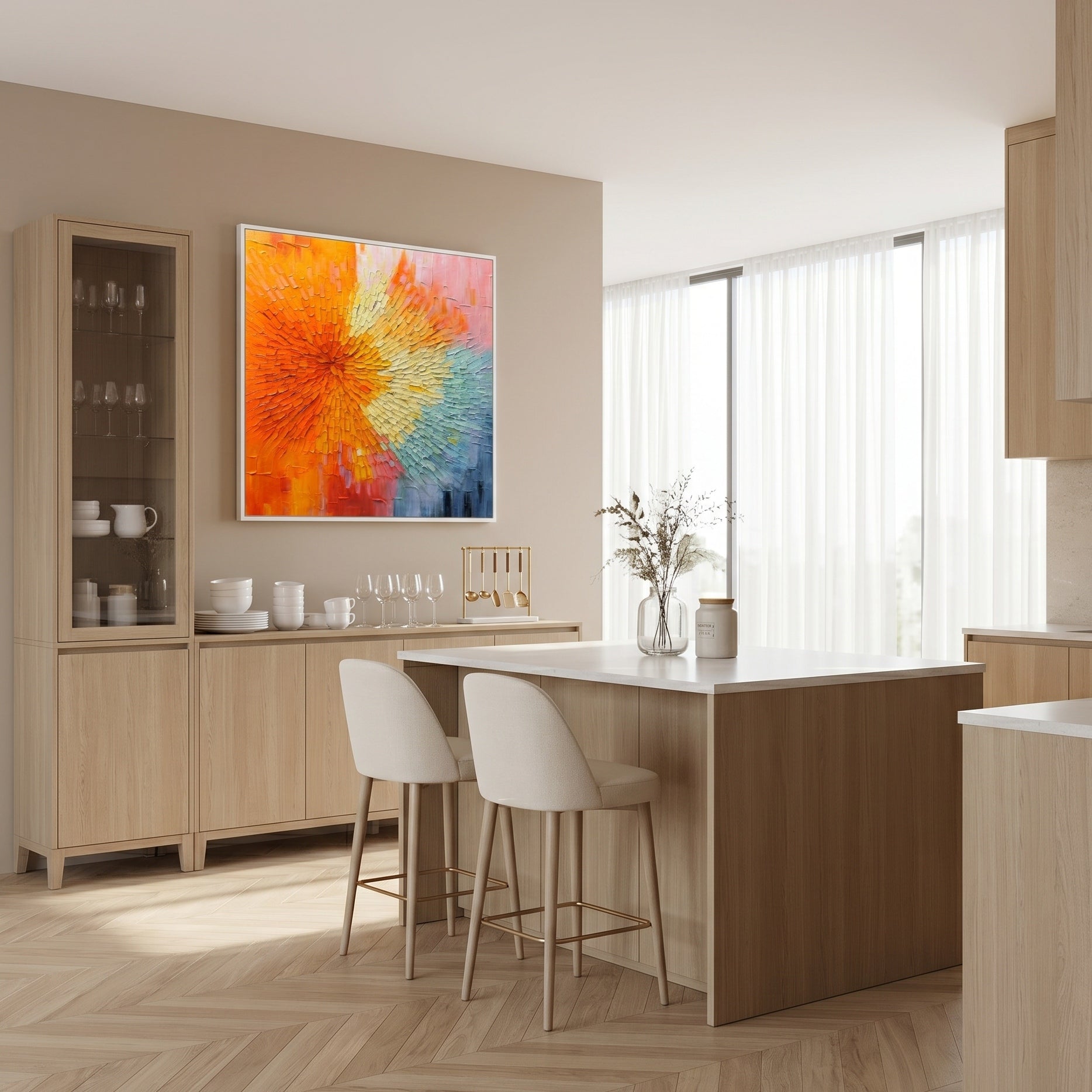 Radiant Flare – Modern Heavy Impasto Centripetal Abstract Oil Painting | Creative Vibrant Hallway Art