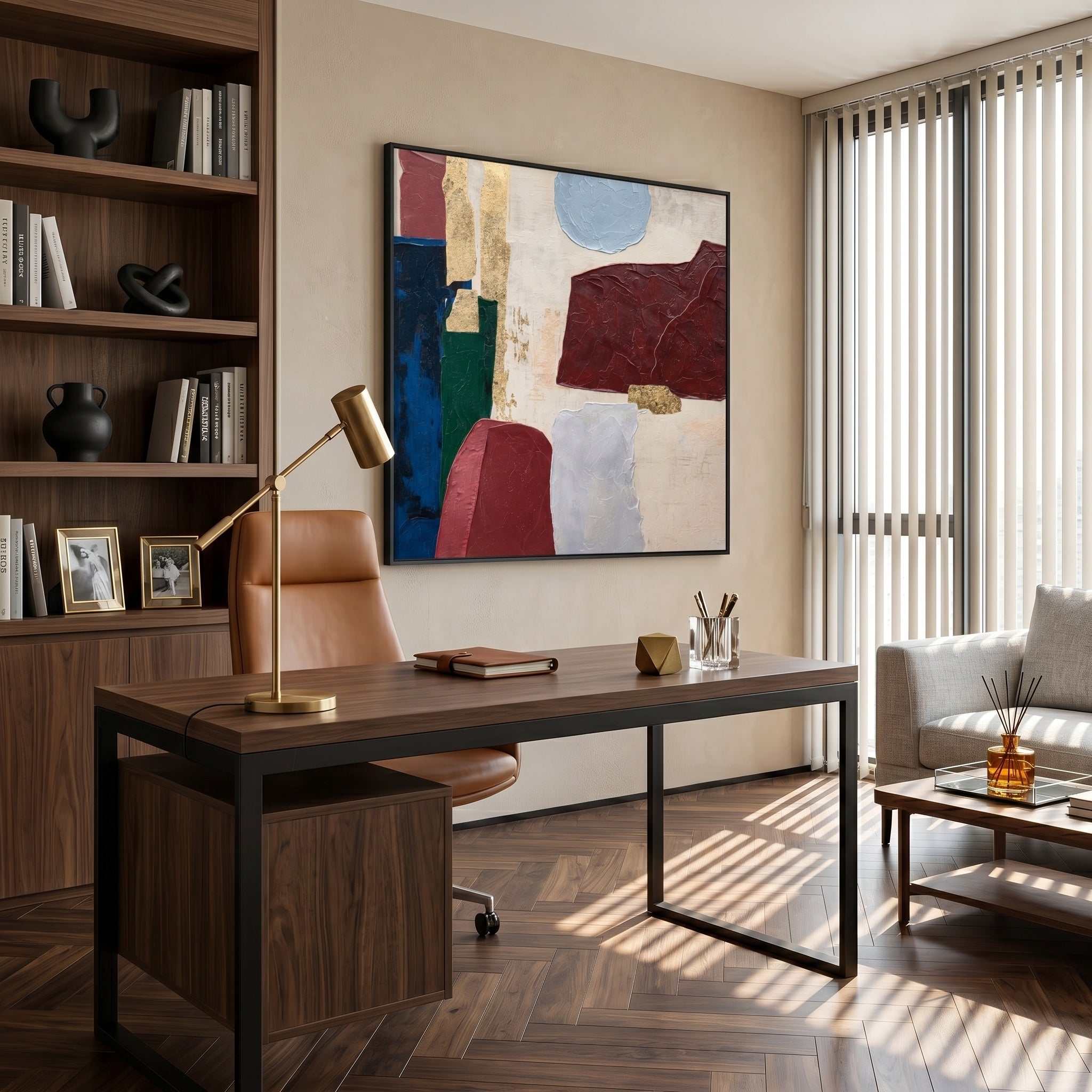 Gilded Epoch – Mid-Century Geometric Plaster Gold Foil Canvas | Luxury Living Room and Office Art