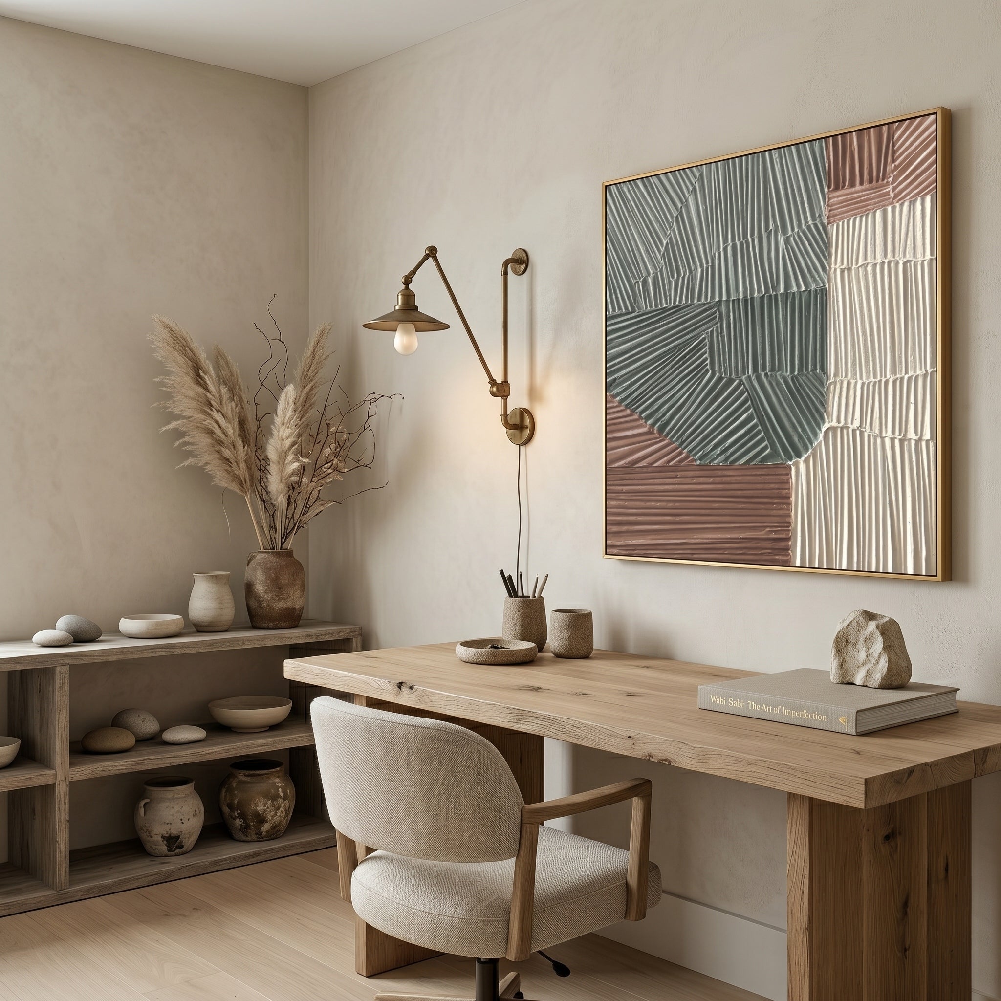 Zen Pathways – Wabi-Sabi Earth Tone Plaster Line Texture Canvas | Minimalist Living Room Art
