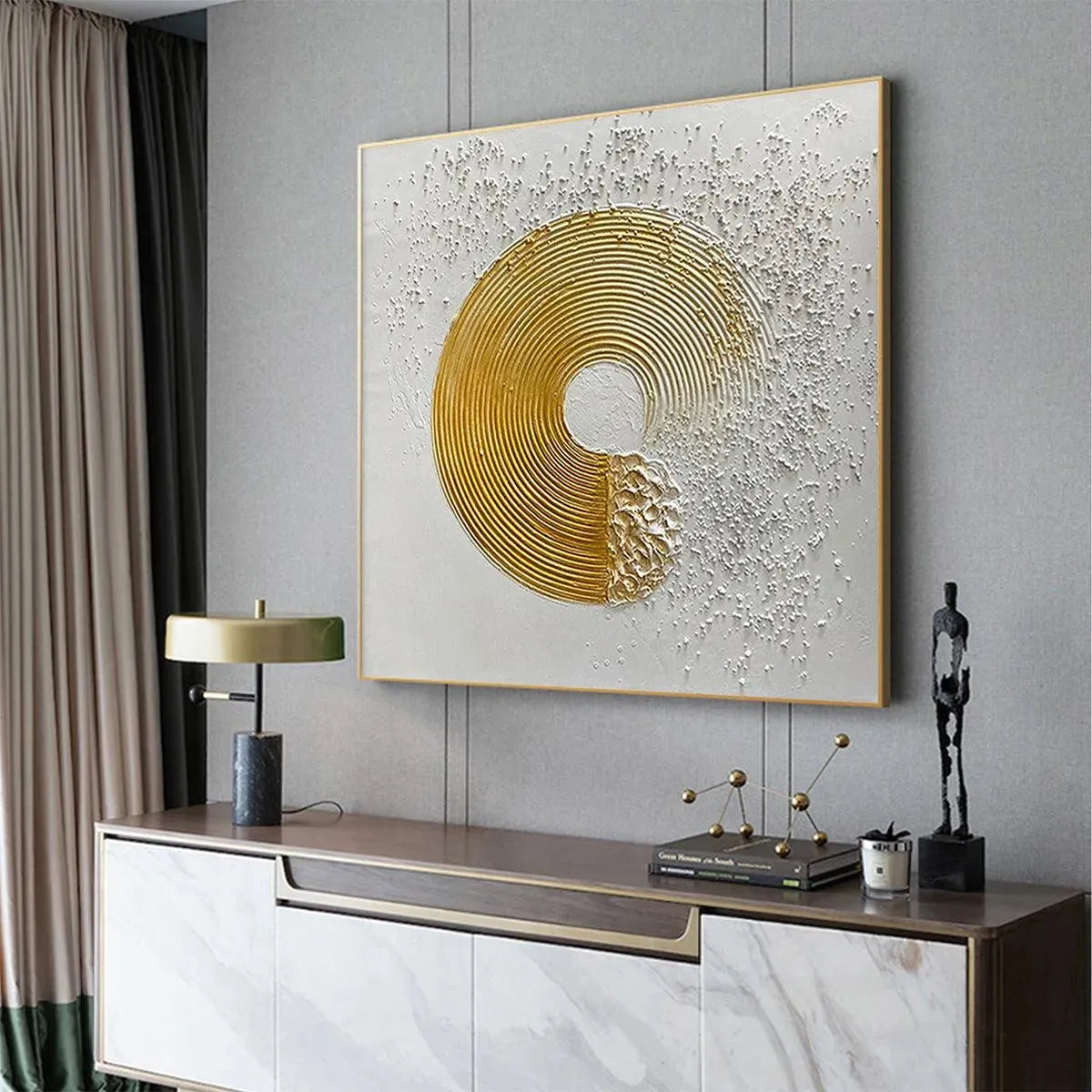 Golden Vortex – Gold Leaf Zen Circle Relief Texture Painting | Modern Luxury Metallic Living Room & Hotel Art