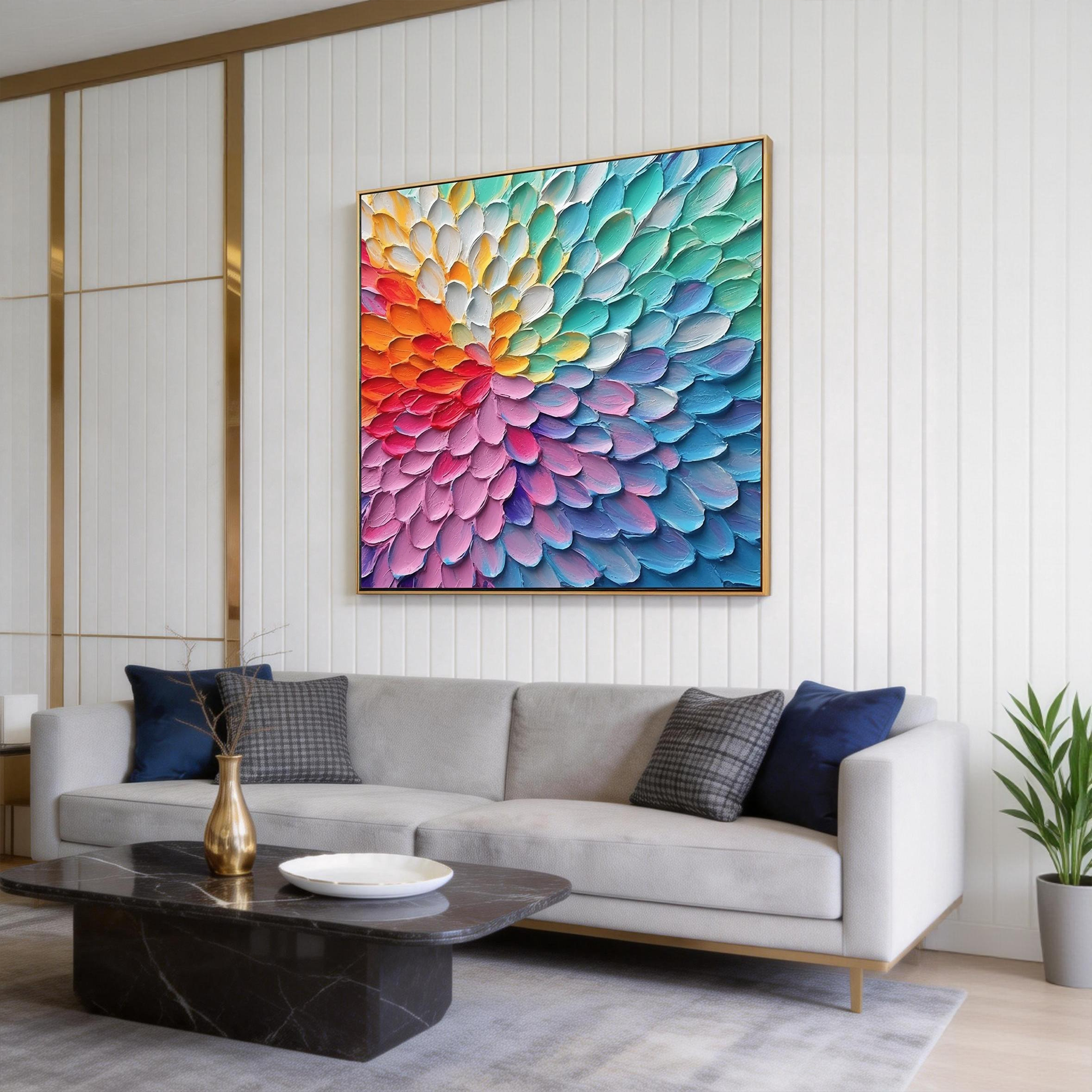 Rainbow Vortex – Vibrant Petal Relief Canvas Floral Painting | Vibrant Botanical Living Room & Dining Room Art