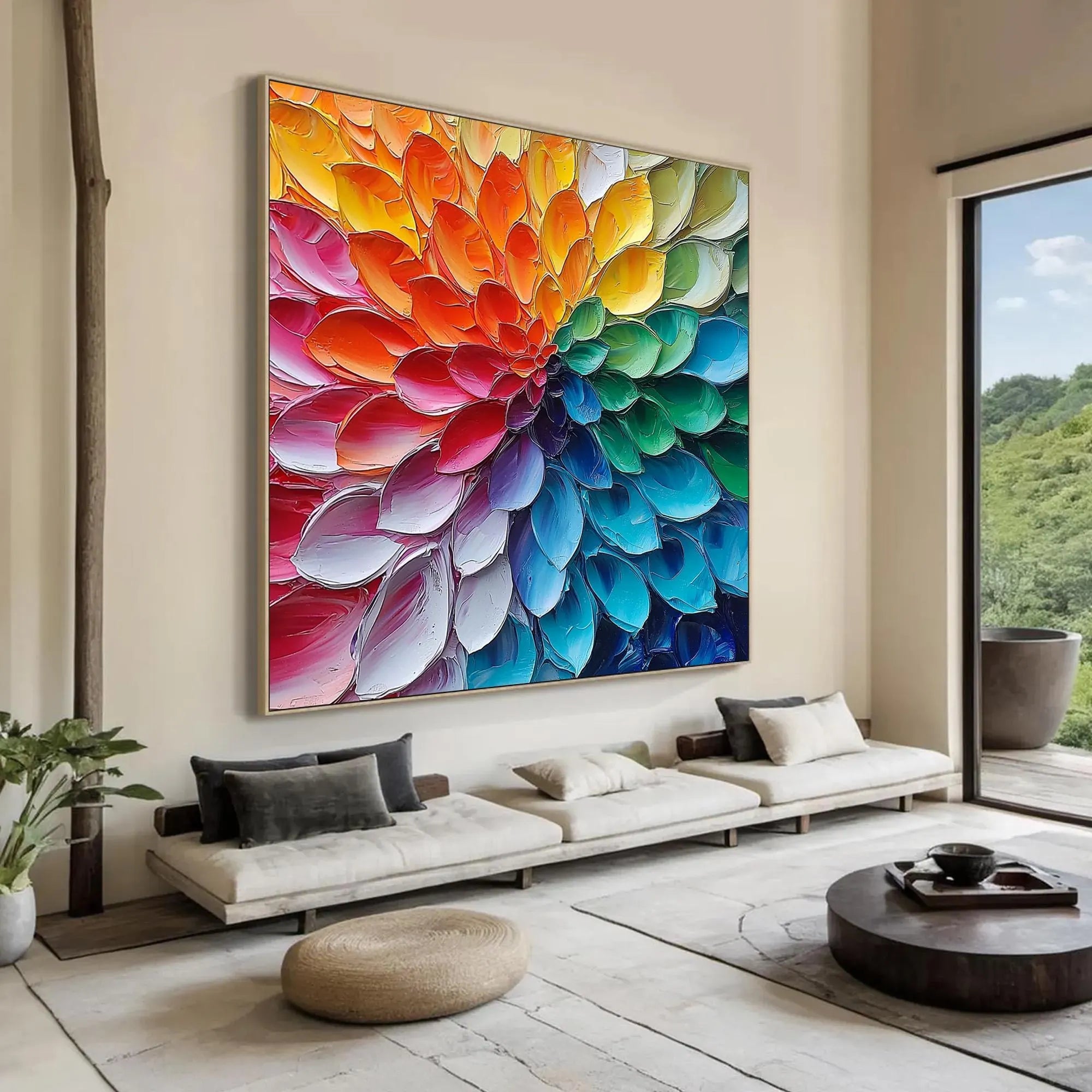 Rainbow Radiance – Vibrant Petal Relief Canvas Abstract Painting | Vibrant Botanical Living Room & Dining Room Art