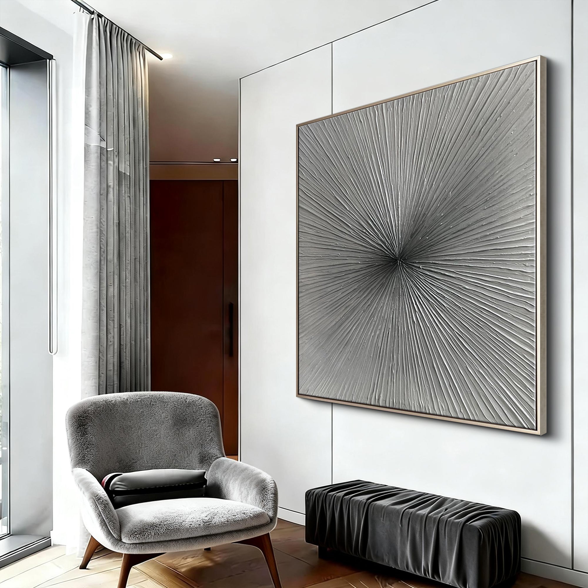 Silver Radiance – Textured Silver Gray Linear Abstract Painting | Modern Minimalist Living Room Wall Art