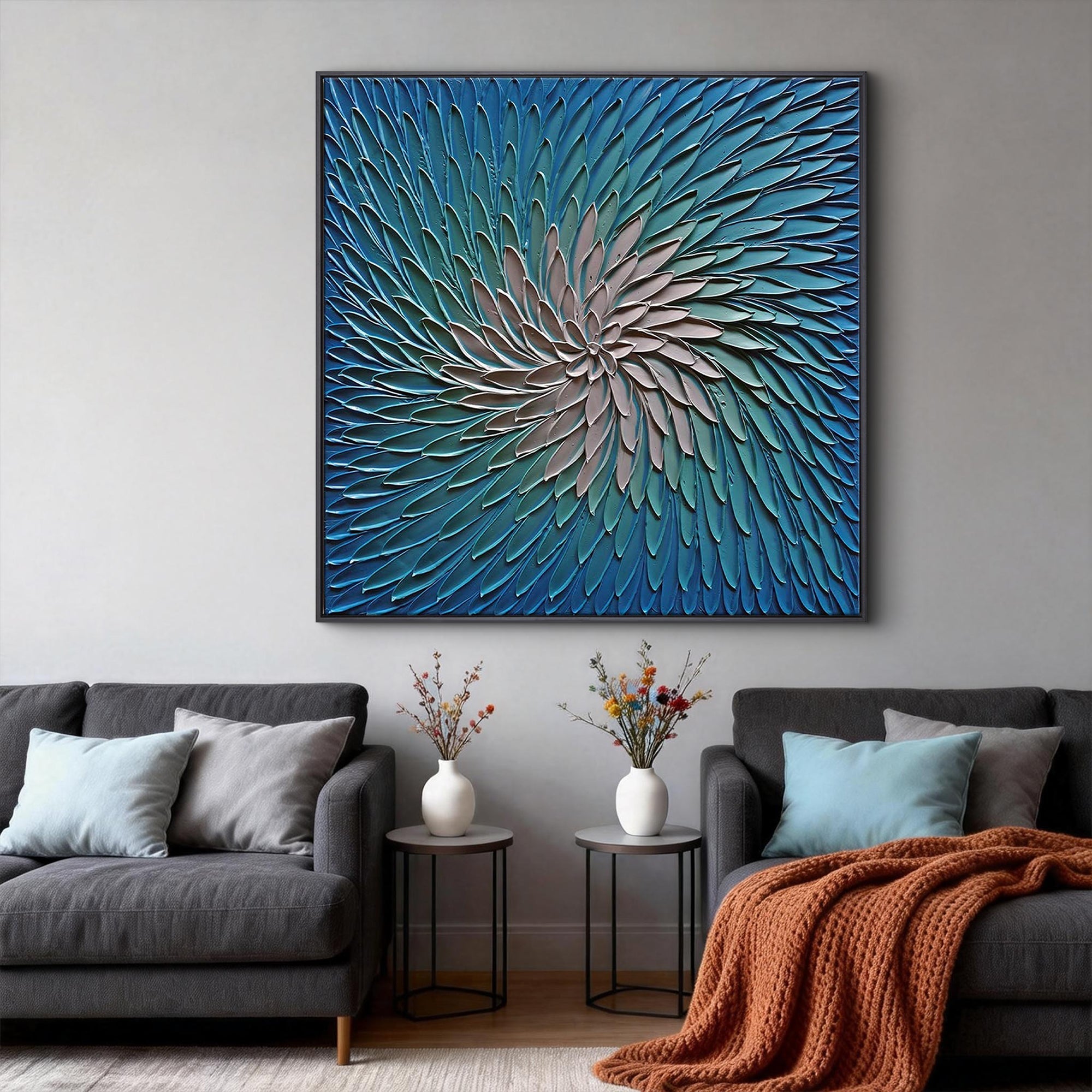 Ethereal Vortex – Textured Ocean Blue Abstract Painting | Modern Minimalist Living Room Art