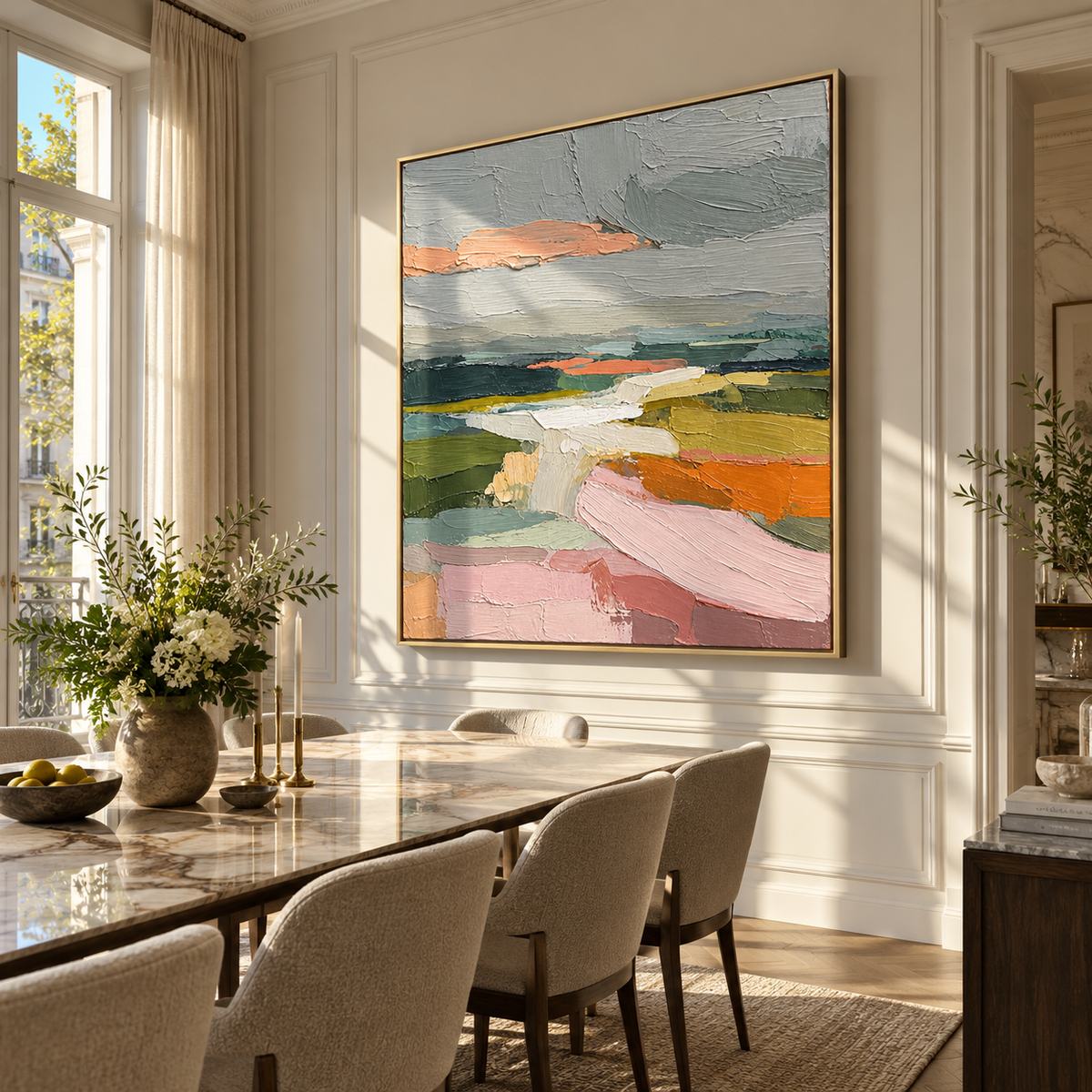 Pastel Fields Beyond Water displayed in a styled contemporary interior