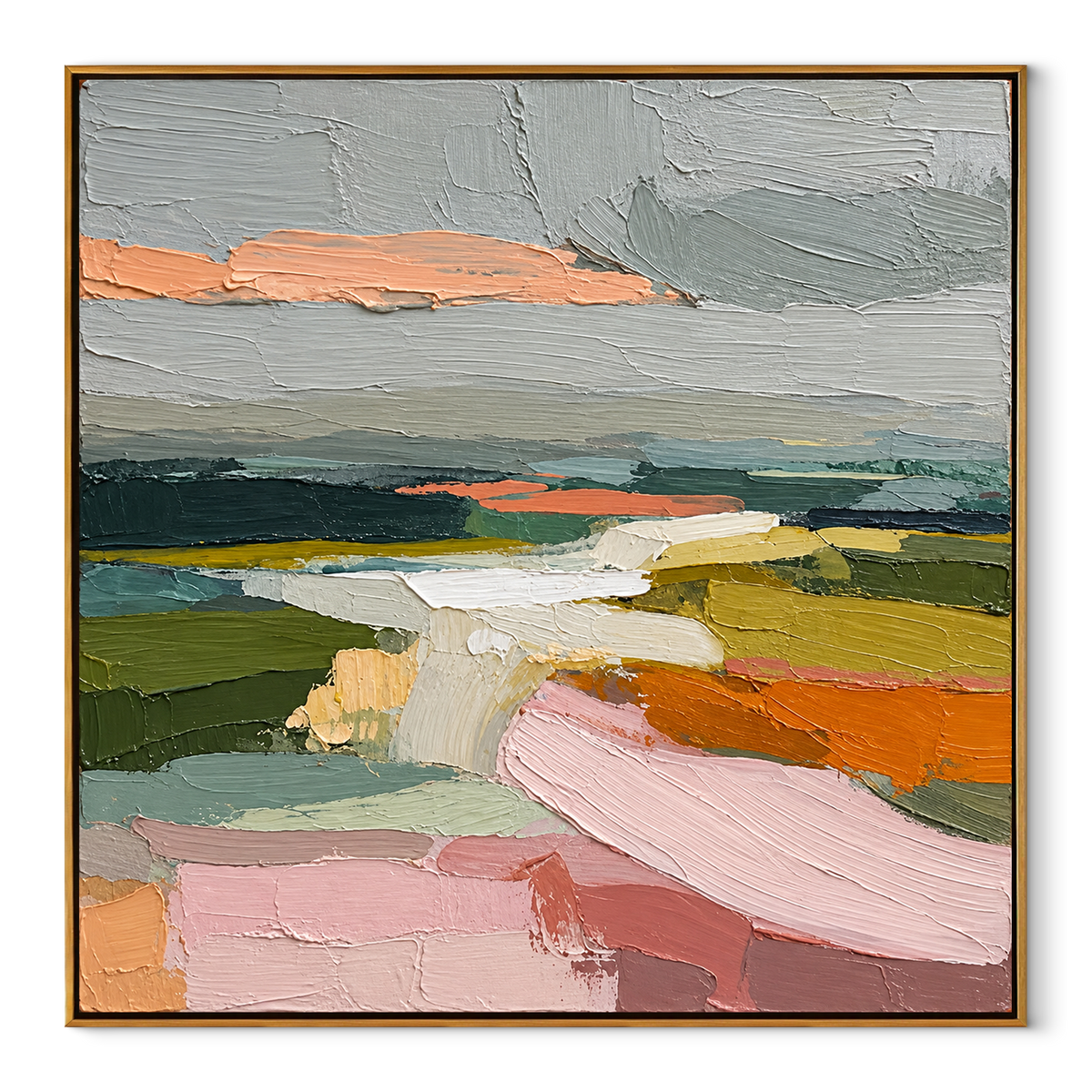 Pastel Fields Beyond Water pastel color block textured abstract landscape painting, square canvas artwork in a wood frame