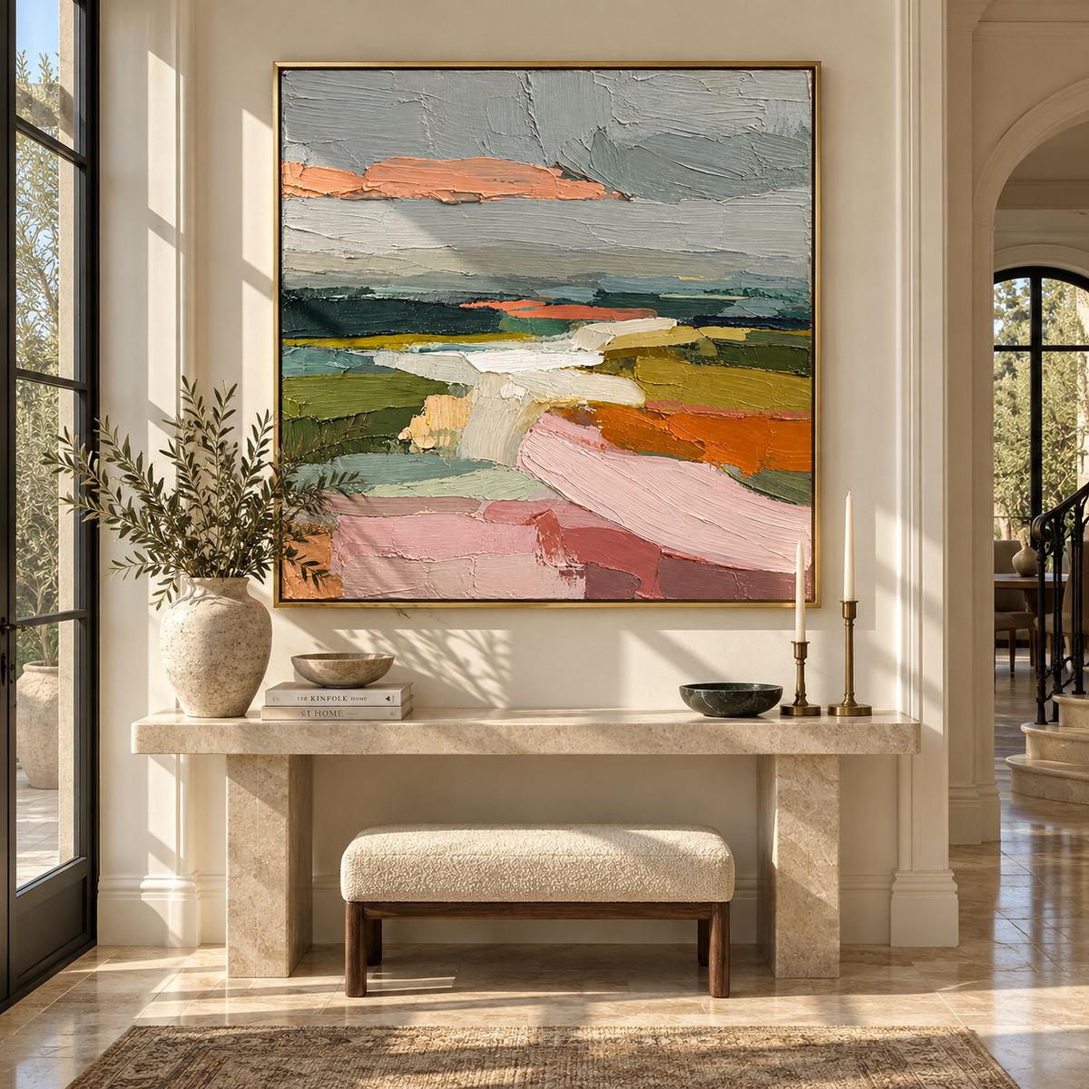 Pastel Fields Beyond Water displayed with natural materials and modern decor