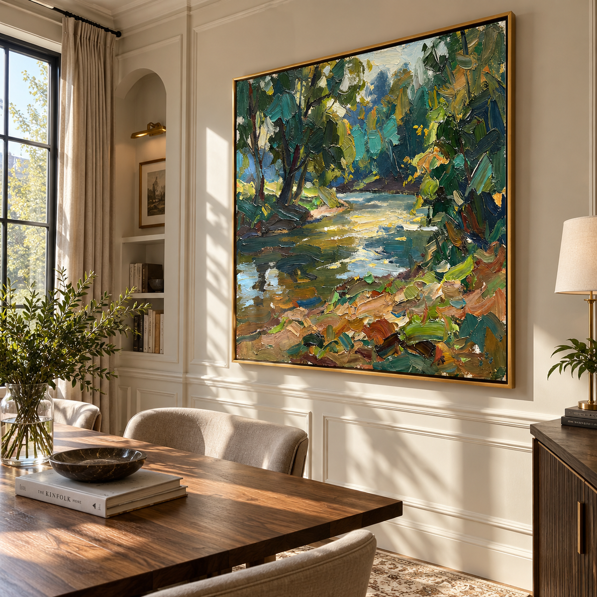 Forest Light Along Water styled as a square focal point in a refined interior