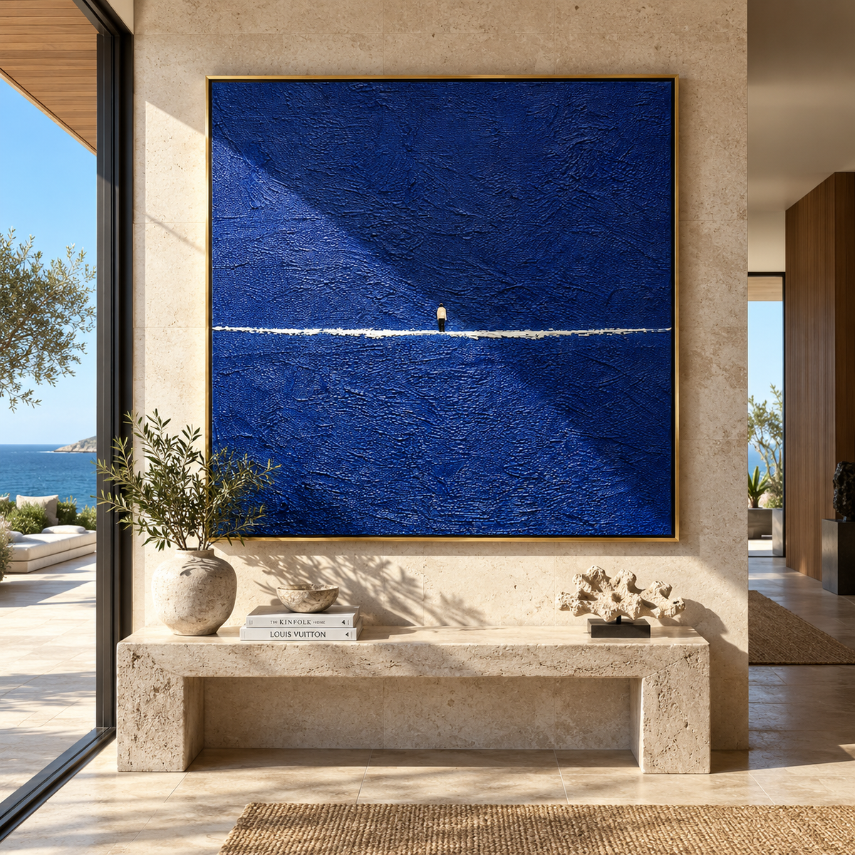 White Line Across Midnight displayed in a styled contemporary interior