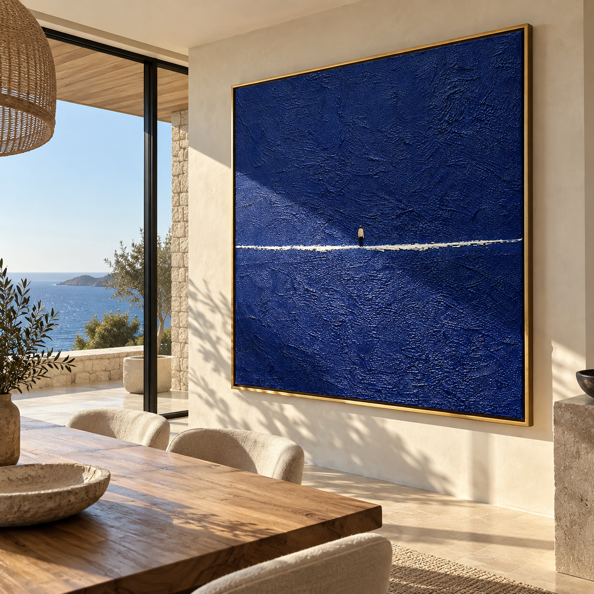 White Line Across Midnight shown above coordinated modern furnishings