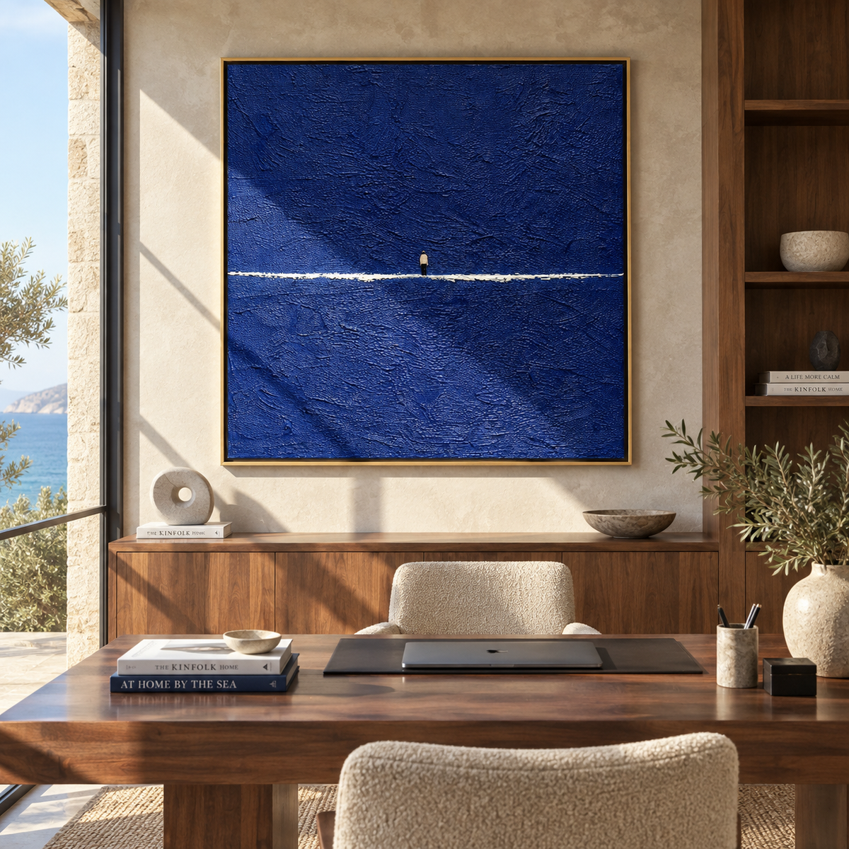 White Line Across Midnight styled as a square focal point in a refined interior
