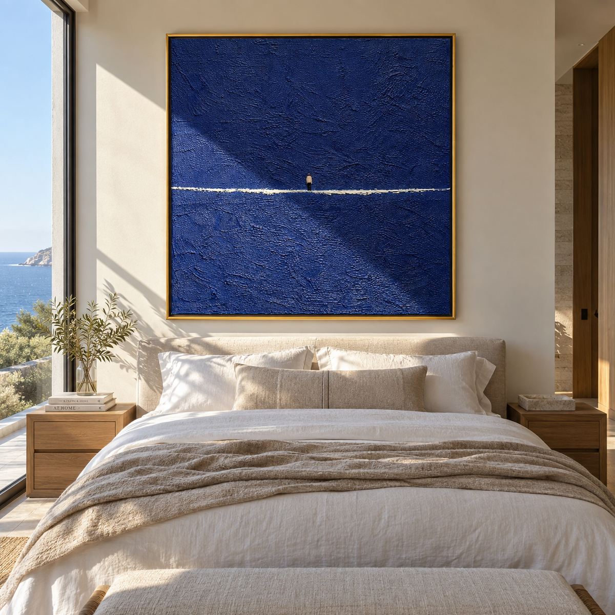 White Line Across Midnight displayed with natural materials and modern decor