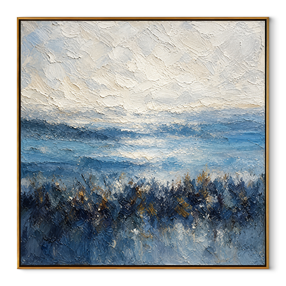 Blue Mist Beyond Pines blue mist and pine textured abstract landscape painting, square canvas artwork in a wood frame