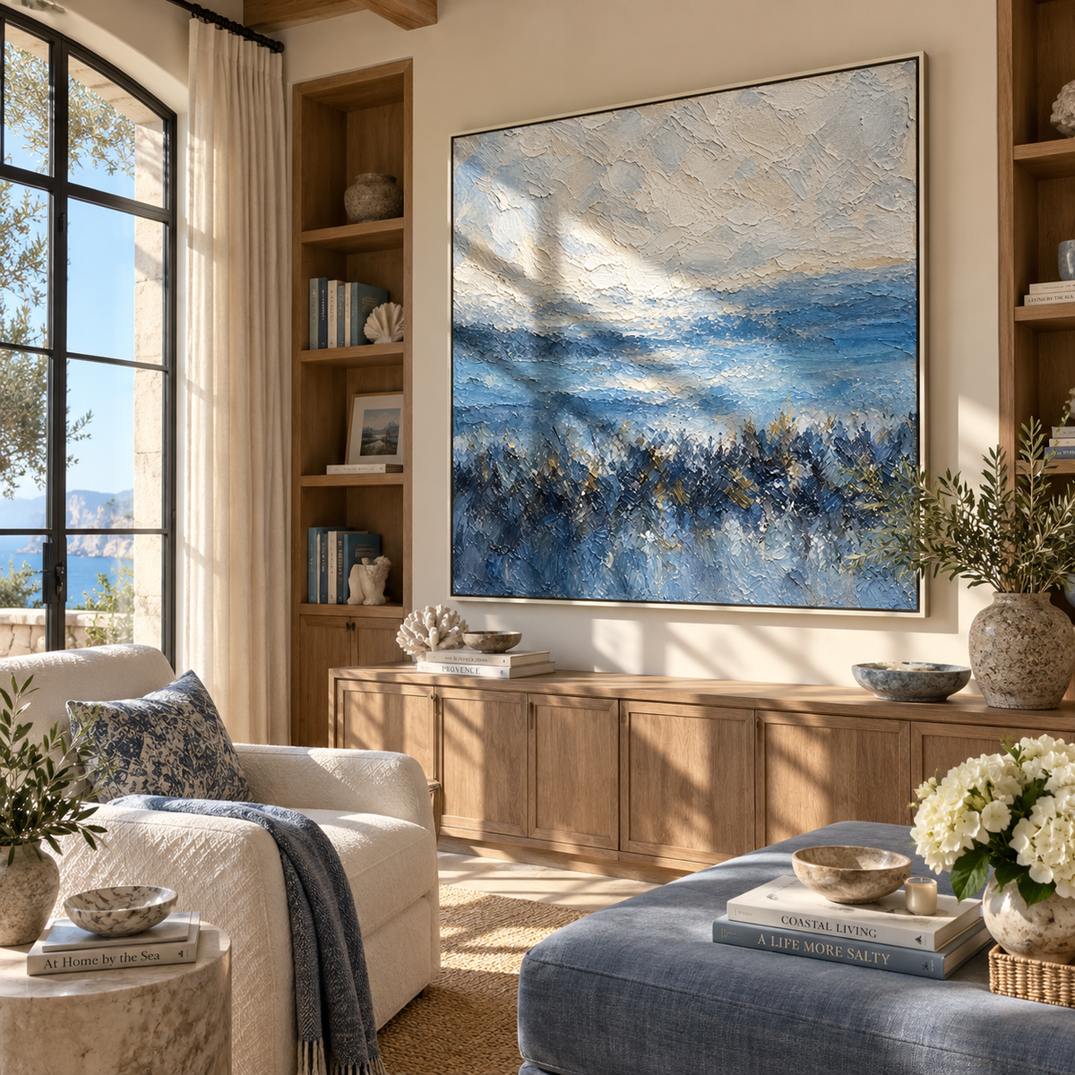 Blue Mist Beyond Pines displayed with natural materials and modern decor